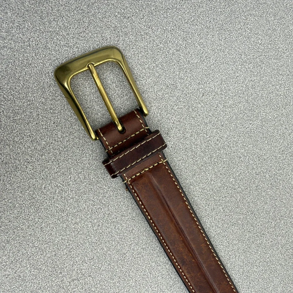Cole Haan Belt Mens 34 Brown Leather Brass Buckle Casual Dress Raised Ridge